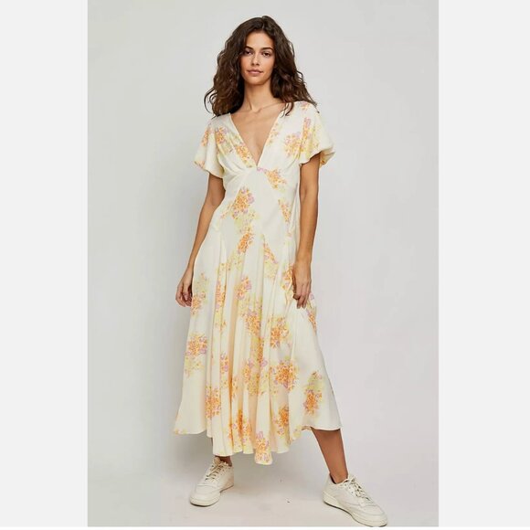 Free People Laura Printed Midi Dress Tea Combo Floral Boho Womens L - Picture 1 of 9